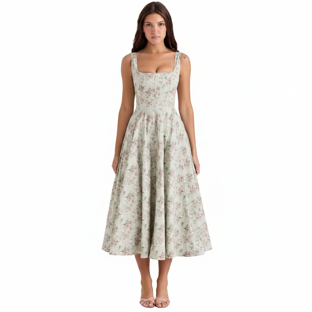 The Villa Floral Corset Dress - Lace Up Midi Dress - The Fashion Atelier - Donna Cuore Italia.
